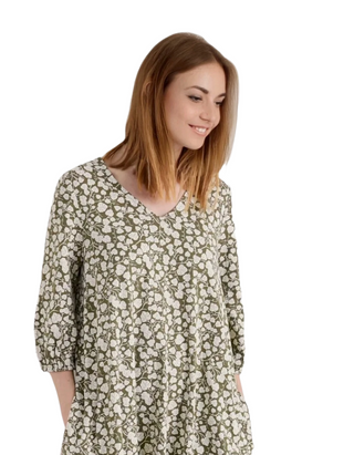 Women's 3/4 Sleeve Wave Wing Jersey Dress in Green Flower (Imperfect)