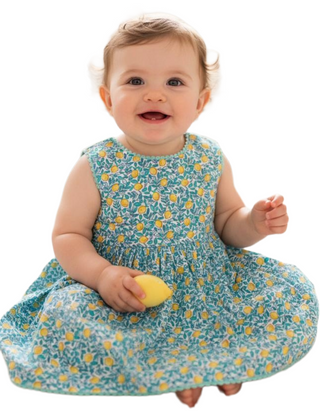 JoJo Maman Girls Lemon Bloom Pretty Summer Baby Dress in Blue