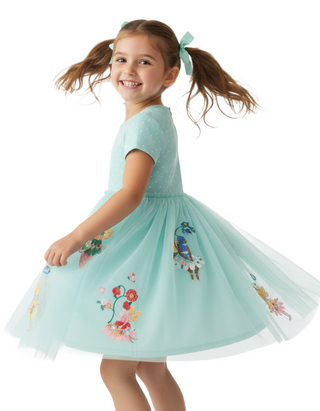 Mini Boden Girl's Ami Applique Tulle Dress in Spearmint Blue Flower Fairies (Imperfect)