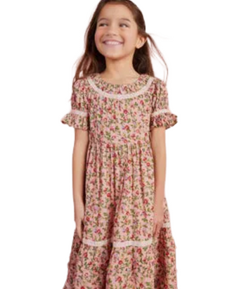 Mini Boden Girls' Printed Lace Trim Party Dress in Pink Blossom