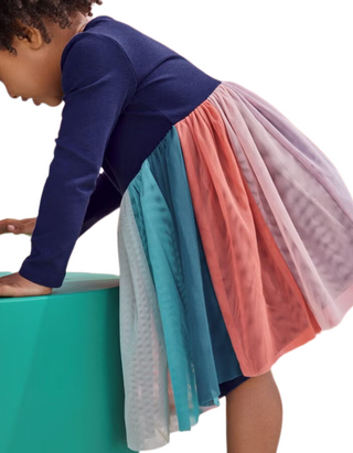 Girls' Long Sleeve Tulle Rainbow Dress in Navy (Imperfect)