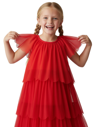 Girls' Tiered Tulle Dress in Hanna Red (Imperfect)