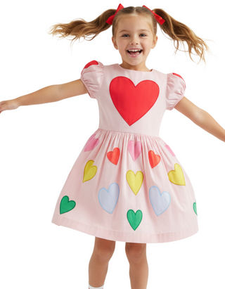 Mini Boden Girls' Puff Sleeve Heart Dress in Light Pink Hearts (Imperfect)