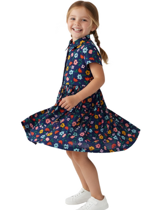 Girl's Floral Woven Button Up Front Shirt Dress in Navy