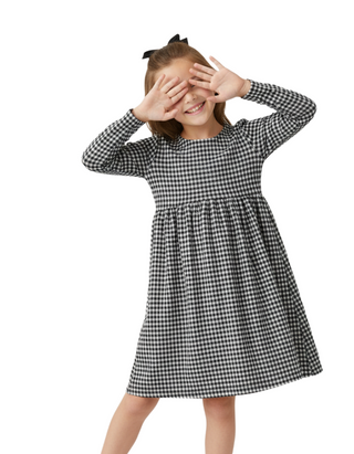 Girls' Empire Knit Jacquard Dress Holiday Gingham in Black