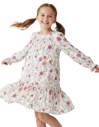 John Lewis Girls' Printed Floral Puff Sleeve Dress in White Mix