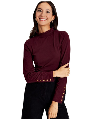 Women's Amy Long Sleeve Roll Neck Top in Burgundy Red (Imperfect)