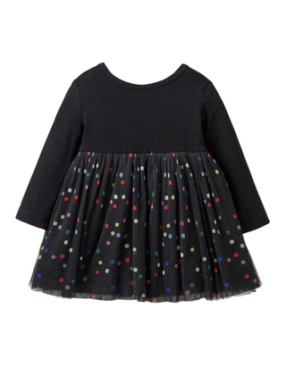 Girl's Baby Long Sleeve Tulle Dress in Black Mini Confetti (Imperfect)