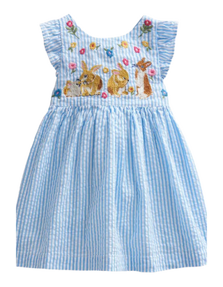 Mini Boden Girls' Stripe Embroidered Cotton Pinafore Dress Ivory/ Blue Ticking Bunny