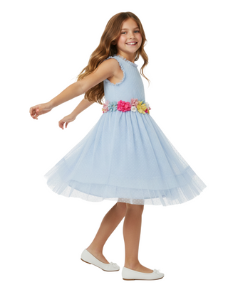 Mini Boden Girl's Floral Tulle Corsage Dress in Pastel Blue
