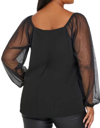 Women's Plus Size Mesh Glitter Sleeve Top in  Black