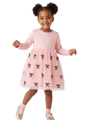 Girls' Long Sleeve Embroidered Tulle Skater Dress in Pink Bows (Imperfect)