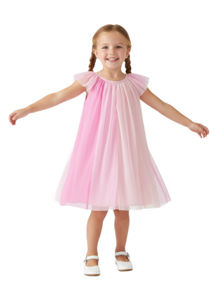 Girls' Flutter Sleeve Tulle Paneled Dress in Gradient Pink