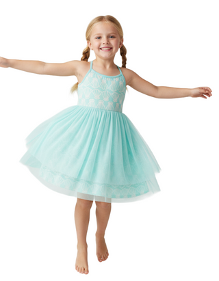 Girls' Racerback Tulle Dress in Simple Seashells on Sky Blue (Imperfect)