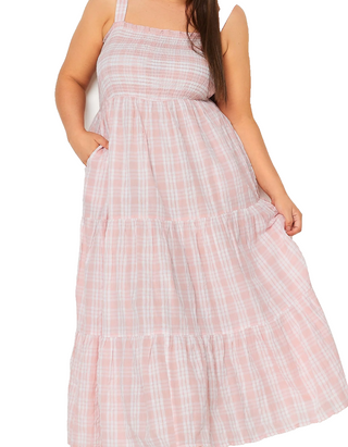 Women's  Plus Size Check Print Shirred Strappy Sundress in Pink