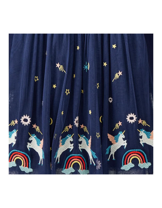 Girls' Long Sleeve Embroidered Tulle Skater Dress in Navy Unicorn (Imperfect)