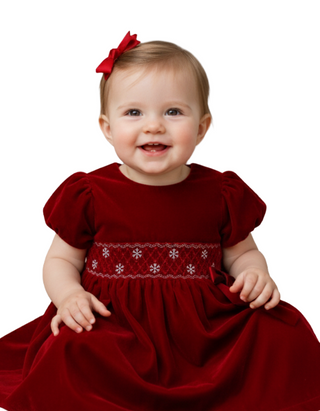 JoJo Maman Girls Smock Waist Velvet Party Dress in Red