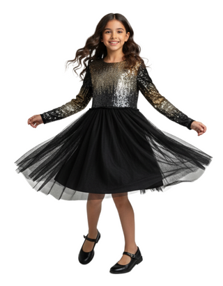 Girl's Festive Sequin Tulle Dress in Black