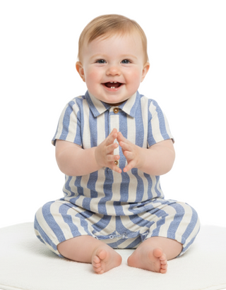Baby Striped Linen Romper in Blue Mix