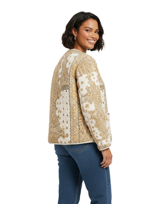 Women's Paisley Print Quilted Popper Front Jacket in Ecru/Yellow