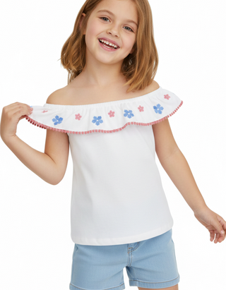 Bisby Girl's Kate Top Embroidered in White