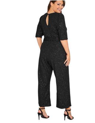 Women's Glitter Notch Neck Tie Waist Jumpsuit in Black