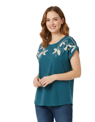 Women's Ivy Short Sleeve Embroidered T-Shirt in Teal Blue (Imperfect)