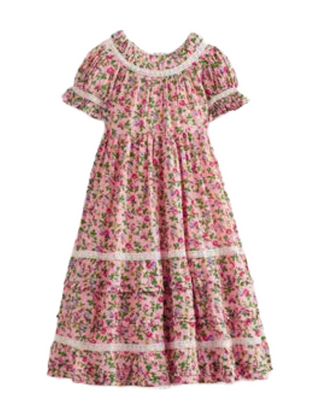 Mini Boden Girls' Printed Lace Trim Party Dress in Pink Blossom