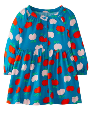 Girls' Woven Printed Dress in Blue Apples