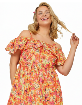 Women's Plus Size Floral Frill Cold Shoulder Midi Dress in Orange