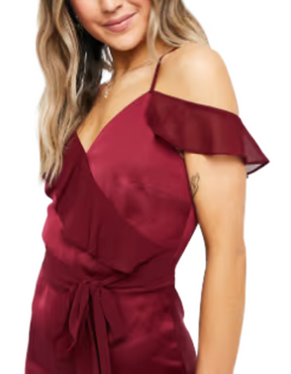 Women's Partywear Ruffle Satin Maxi Dress in Wine Pink