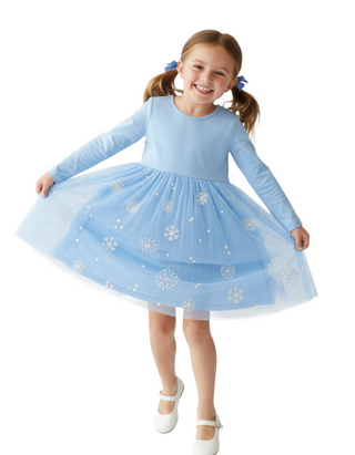 Girl’s Tulle Dress Embroidered Skater Dress in Blue on Snow Flakes (Imperfect)