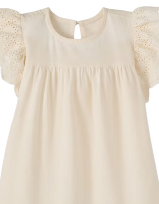 Girls' Ruffle Sleeve Linen Eyelet Dress in Ecru White