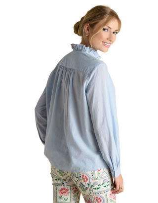 Women's Long Sleeve Melanie Striped Cotton Frill Blouse in Blue