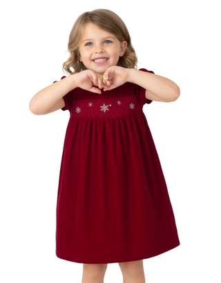 The Little White Company Snowflake-Embroidered Smocked Velvet Dress in Red