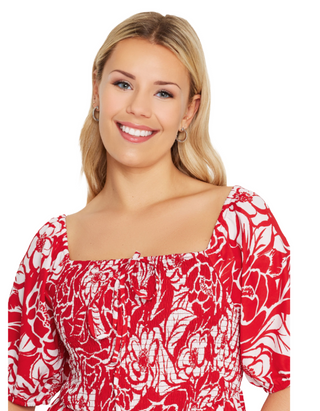 Women's Abstract Floral Print Shirred Maxi Dress in Red (Imperfect)