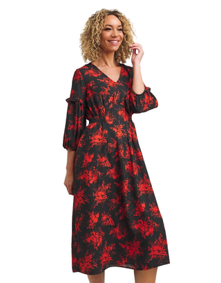 Women's Floral Printed Midi Tea Dress in Red