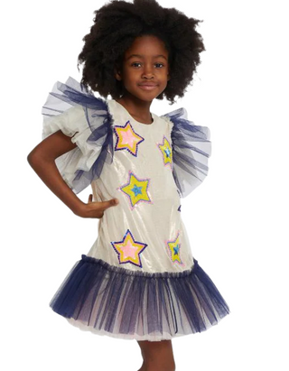 Billieblush Girls' Mesh Applique Tulle Dress in Unique Ecru