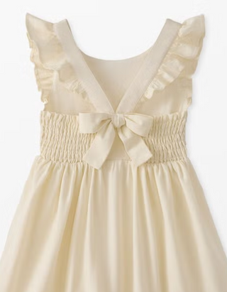 Girls' Ruffle Sleeve Bow Detail Linen Dress in Ecru