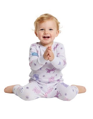 Kid's Long John Printed Pajama Set in Purple Cats