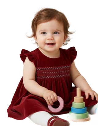 JoJo Maman Bébé Girl's Smocked Velvet Baby Dress in Burgundy