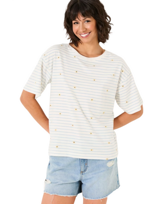 Women's Maddie Embroidered Stripe T Shirt in Ivory