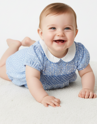 Jojo Maman Girls' Bud Print Smocked Baby Romper in Blue