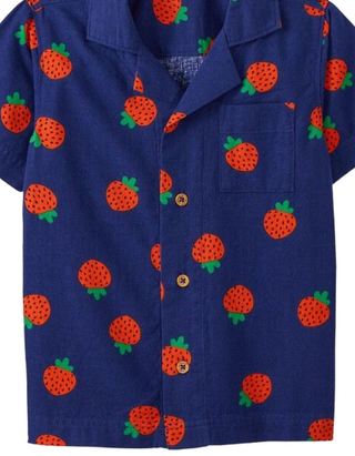 Girls Printed Linen Blend Shirt in Blue Strawberries