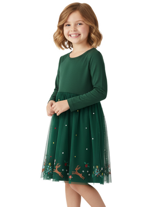 Girl's Embroidered Festive Tulle Dress in Forest Green (Imperfect)