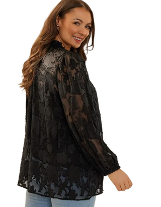 Women's Plus Size Textured Tie Neck Blouse in Black