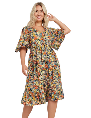 Women's Floral Print Angel Sleeve Smock Dress in Brown