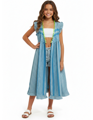 Wild & Gorgeous Girl's Bohemian Frill Pom-Pom Coverup in Blue Mix