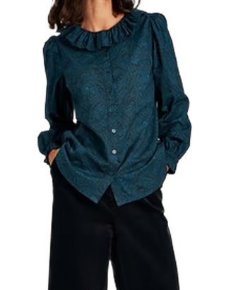 Women's Long Sleeve Fallon Waterfall Blouse in Navy Paisley