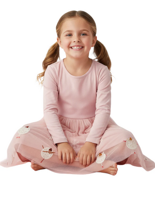 Girl’s Embroidered Tulle Dress in Pink/Dancing Snowflakes